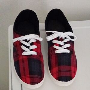Red and Navy Plaid Sneakers Size 10